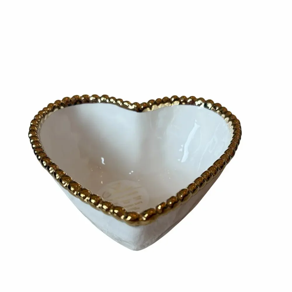 White Heart Shaped Serving Bowl 6in Ceramic w/ Gold Beaded Rim NEW